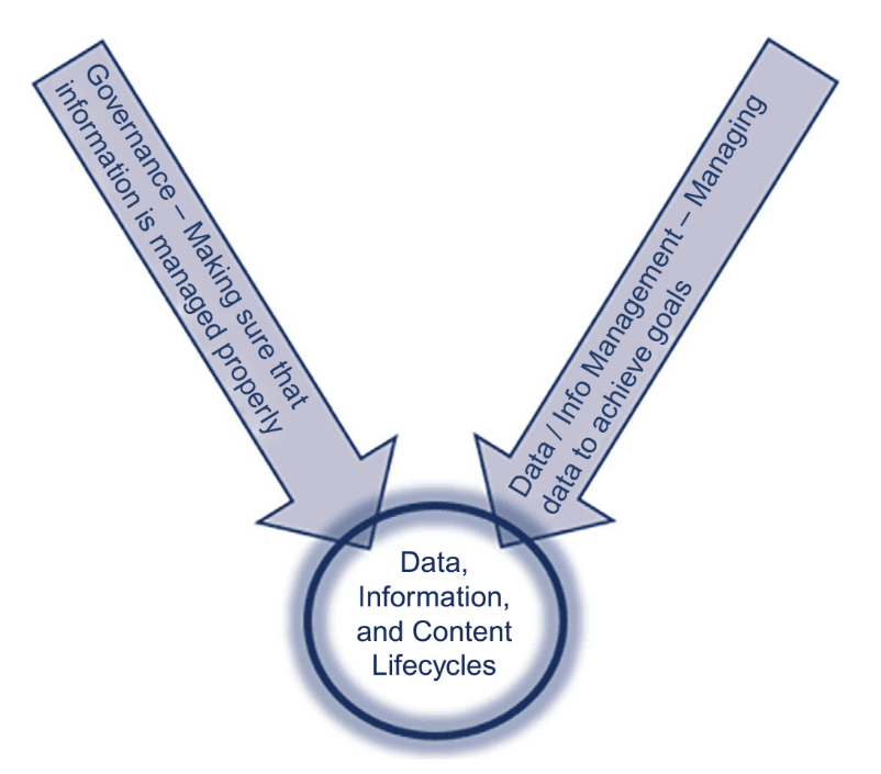 The Governance V Model showing the separation between Governance (oversight) and Data/Info Management (execution), meeting at the Data, Information, and Content Lifecycles