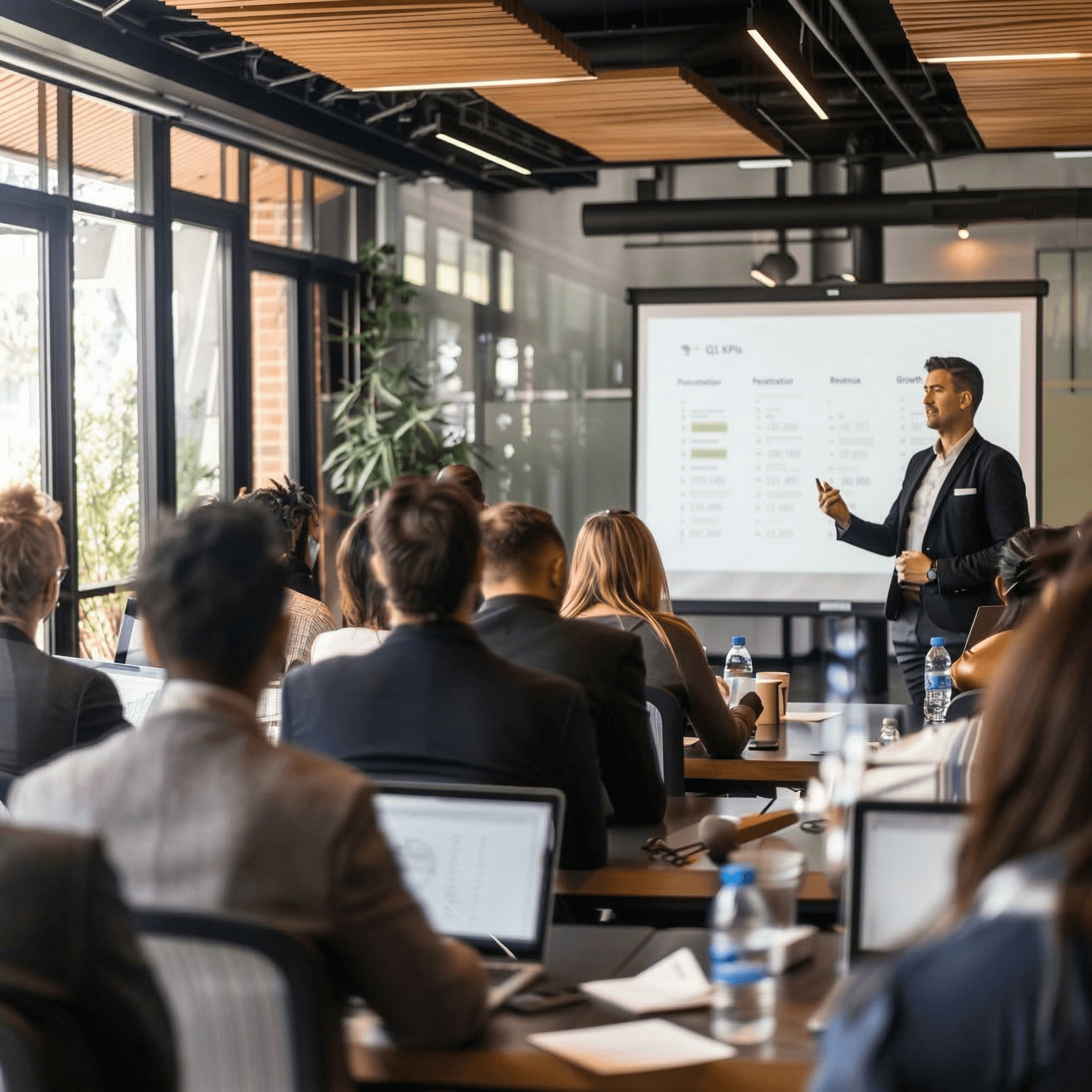 Corporate training session — data analytics presentation in a modern boardroom